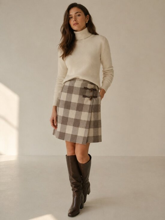 Pendleton Dresses & Skirts - Pendleton Beige/Brown Patchwork Wool Skirt Faux Wrap Toggle Detail USA Made Sz 8